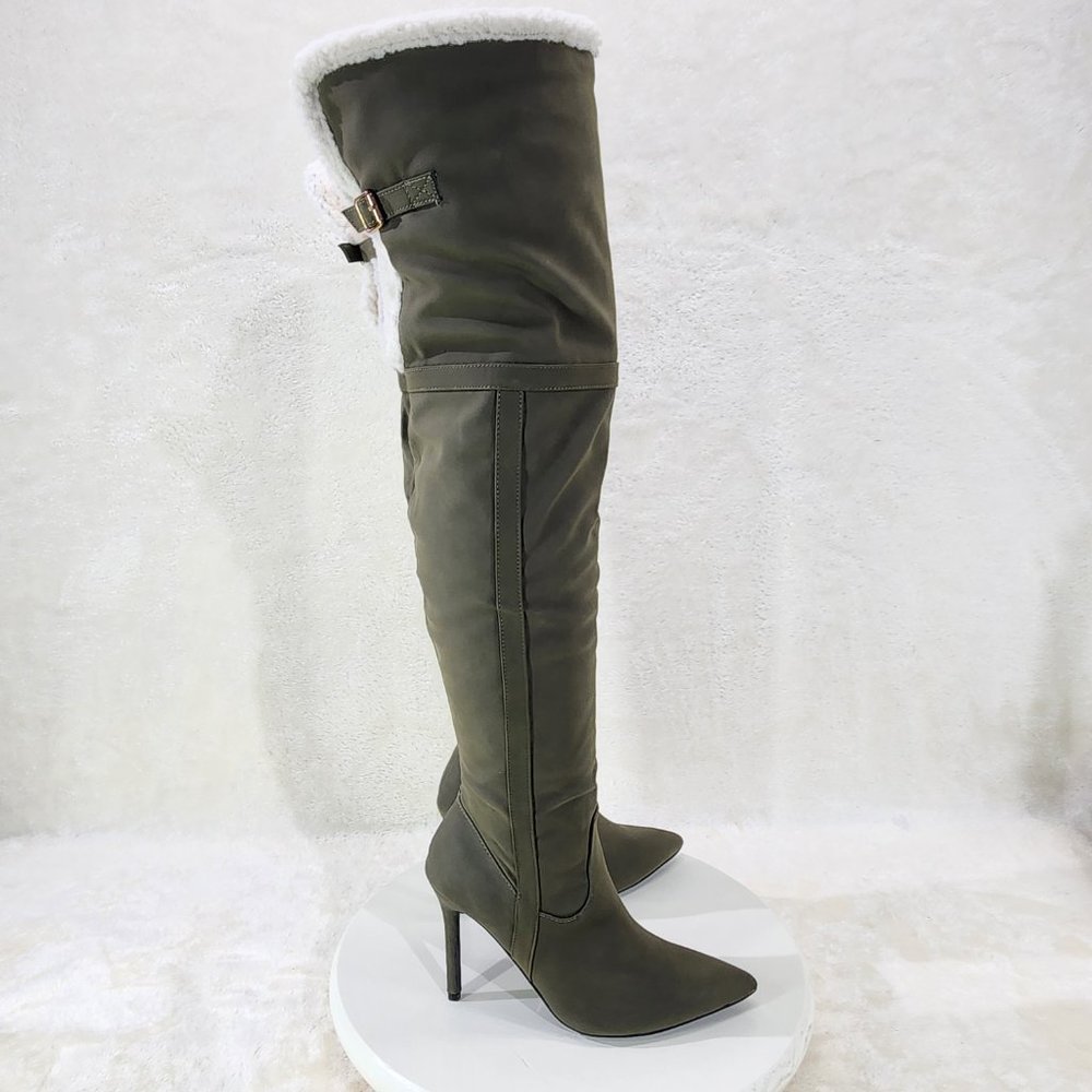 Olive Green Fluffy Fleece Lined Fold Under / Over the Knee Pointy Toe Boots - Picture 8 of 13